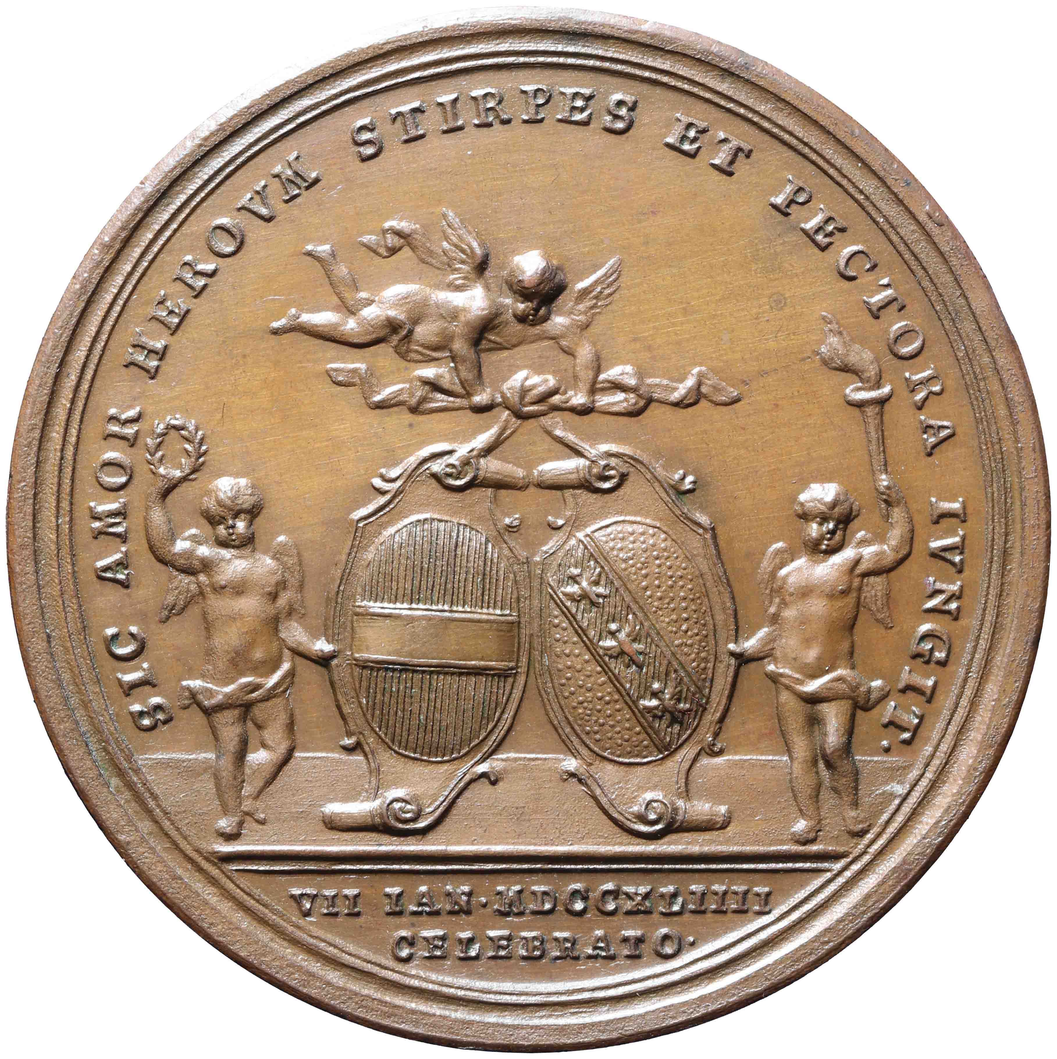Afbeelding van de keerzijde. Huwelijk van Maria Anna, aartshertogin van Oostenrijk met prins Karel van Lotharingen. Inventarisnummer:PE-04958