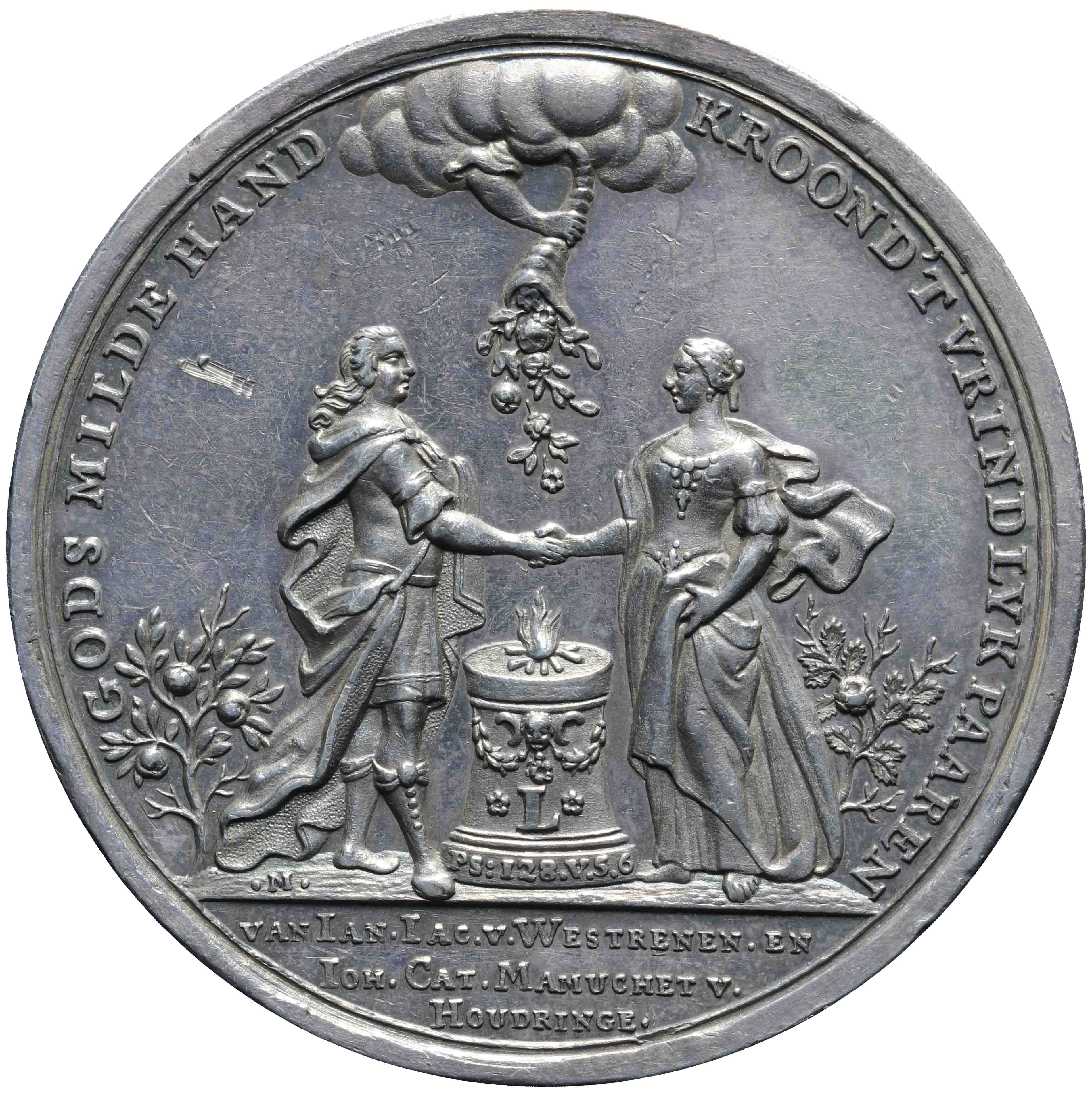 Afbeelding van de voorzijde. Vijftigjarig huwelijk Jan Jacob van Westrenen en Johanna Catharina Mamuchet van Houdringe. Inventarisnummer:PE-05594