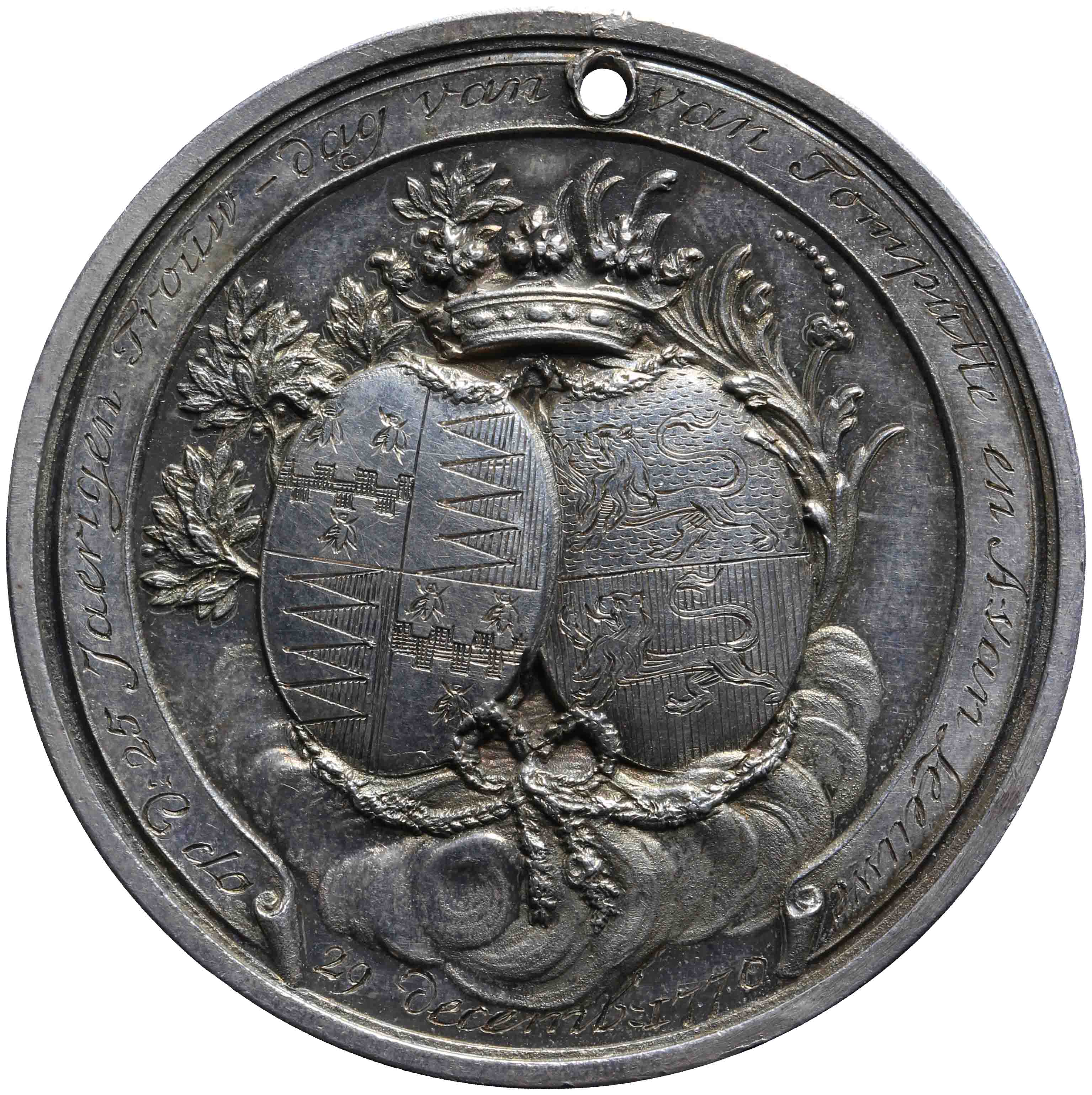 Image of the reverse. Vijfentwintigjarig huwelijk Joannes Henricus van Tomputte en A. van Leeuwe. Inventory number:PE-05949