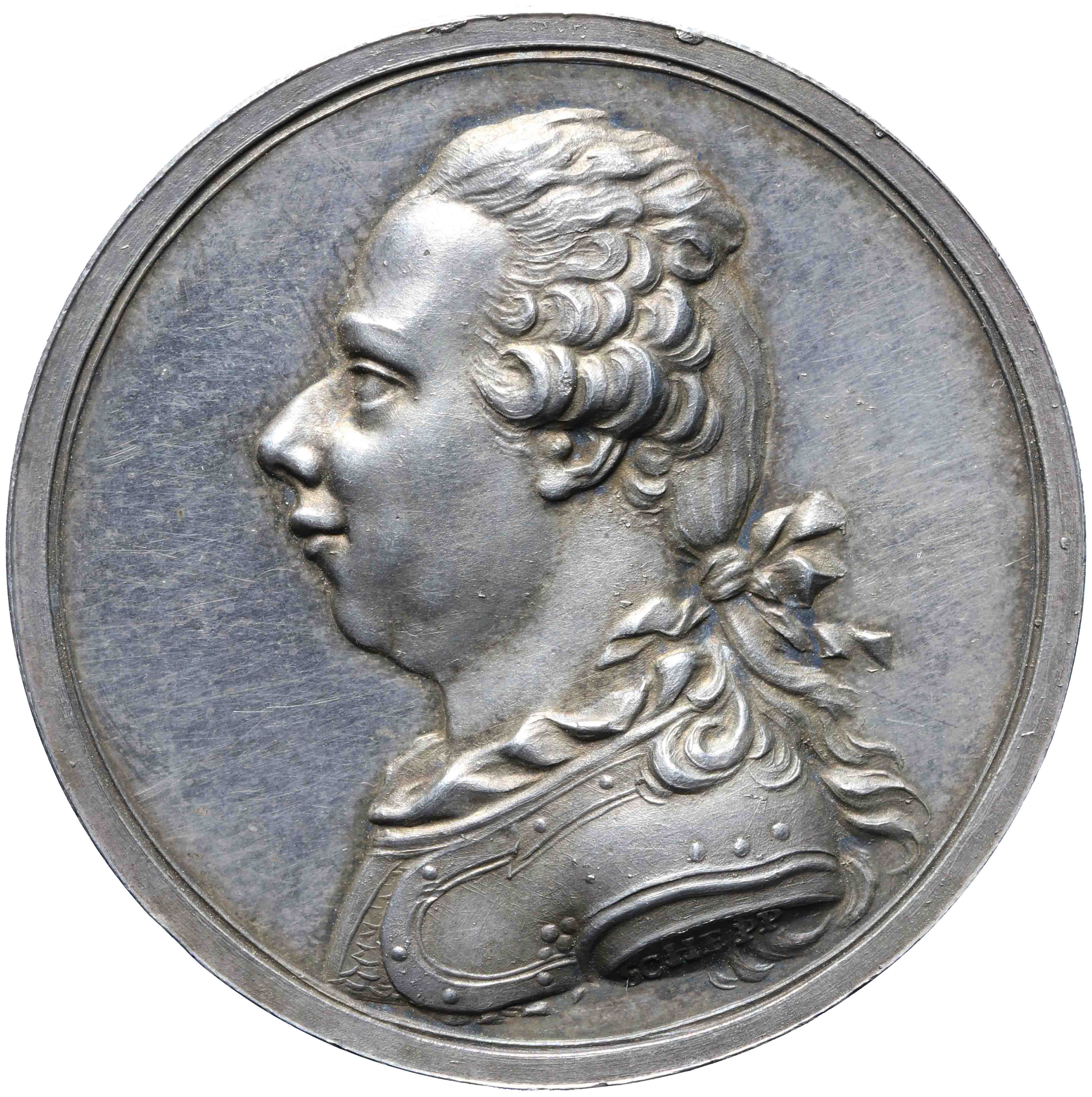 Afbeelding van de voorzijde. Beloningspenning van prins Willem V. Inventarisnummer:PE-06381