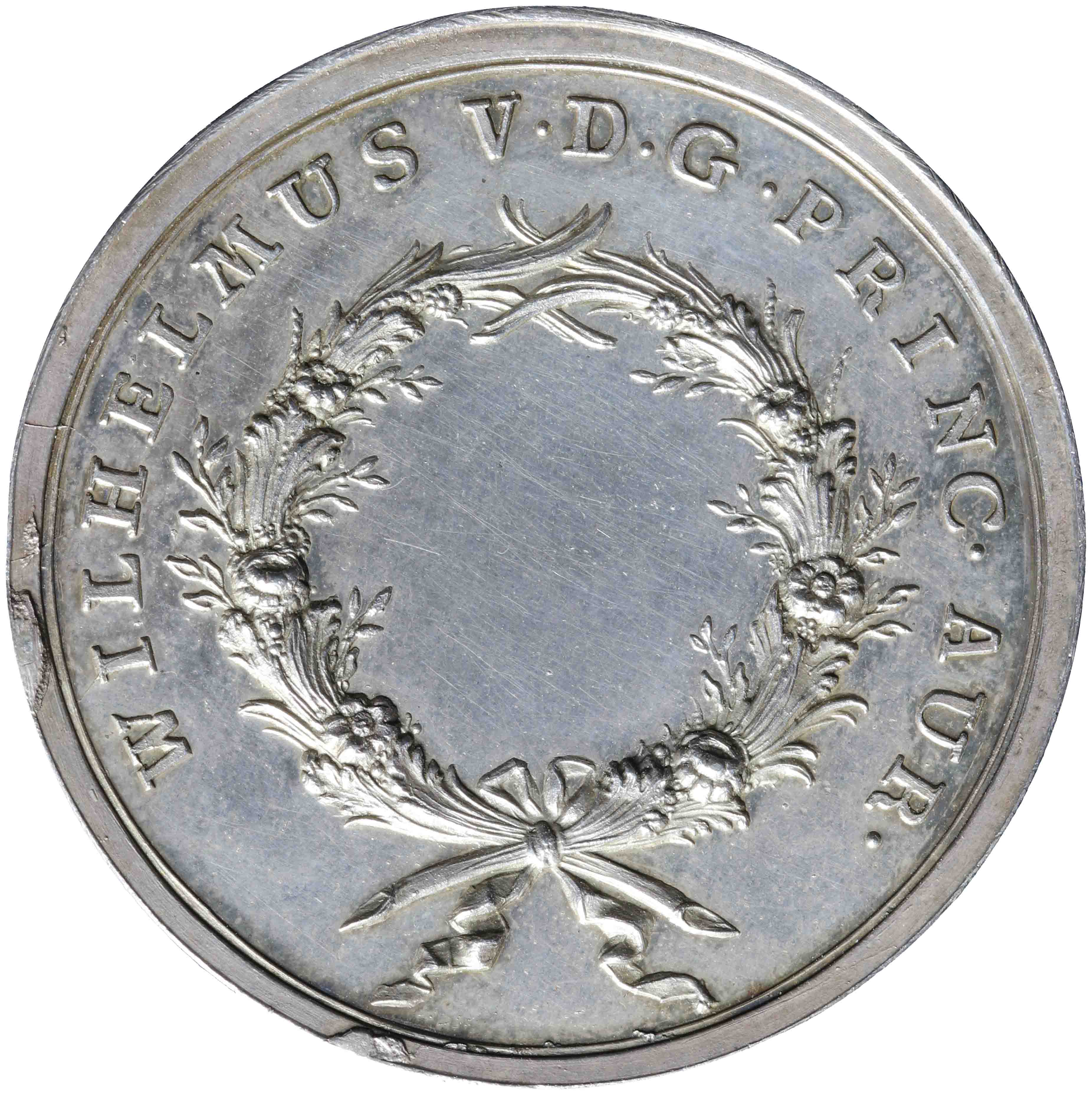 Afbeelding van de keerzijde. Beloningspenning van prins Willem V. Inventarisnummer:PE-06381