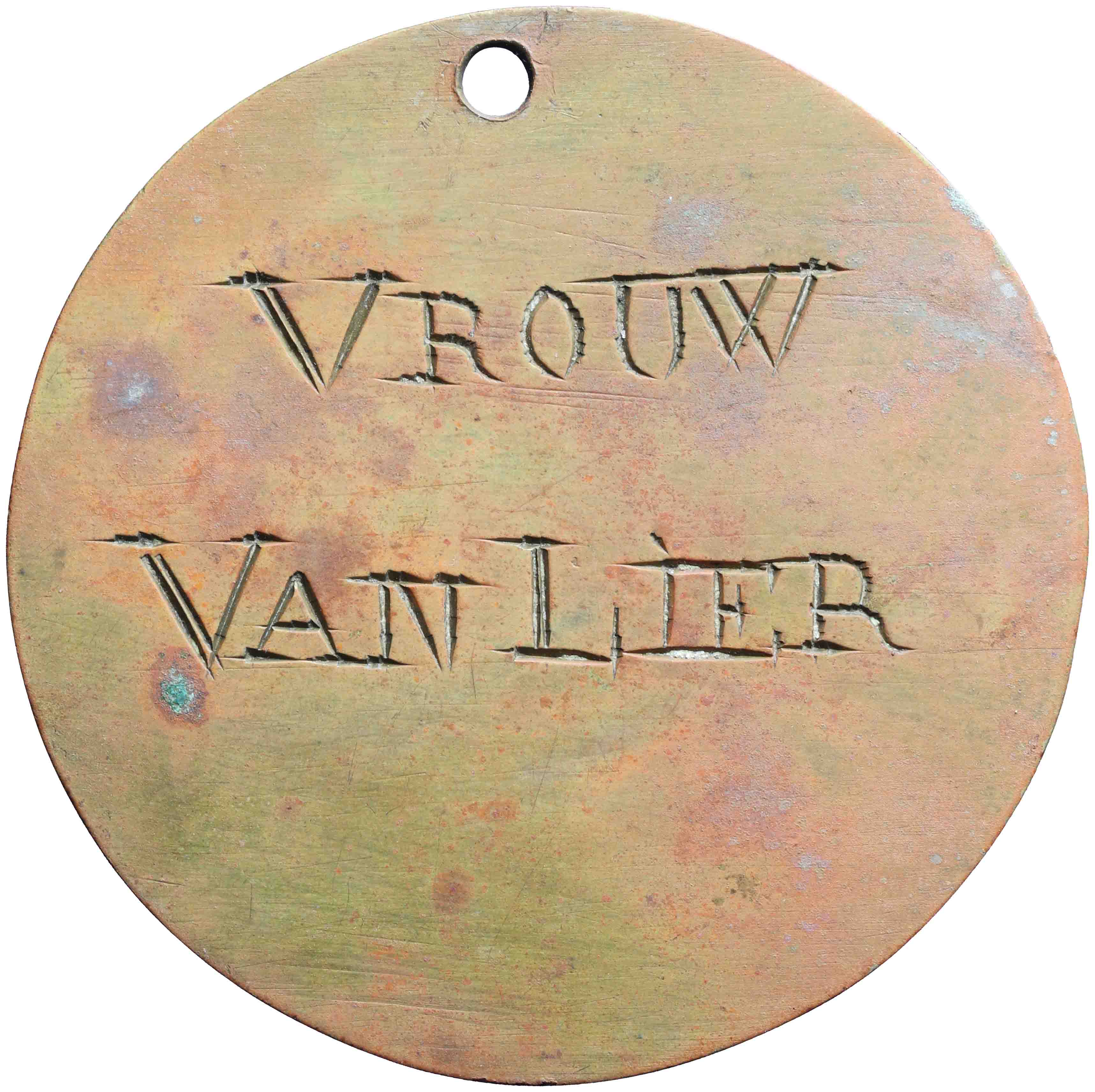 Afbeelding van de keerzijde. onbekende plaats: Vrouw van Lier,  marketenster van de 16de Afdeling Nat. Infanterie 3e Bataillon 2e kompagnie. Inventarisnummer:PE-07704