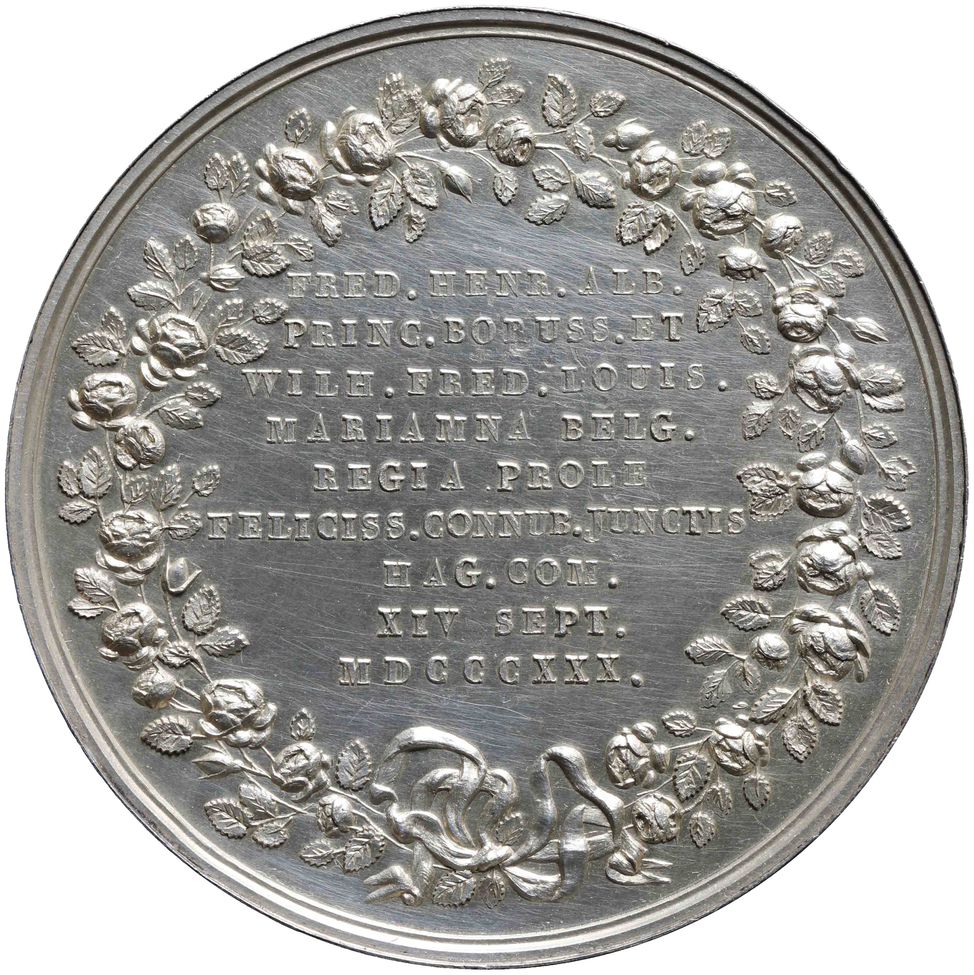 Afbeelding van de keerzijde. Huwelijk van prinses Marianne en Albert Friedrich Heinrich (1809-1872), prins van Pruisen. Inventarisnummer:PE-08568