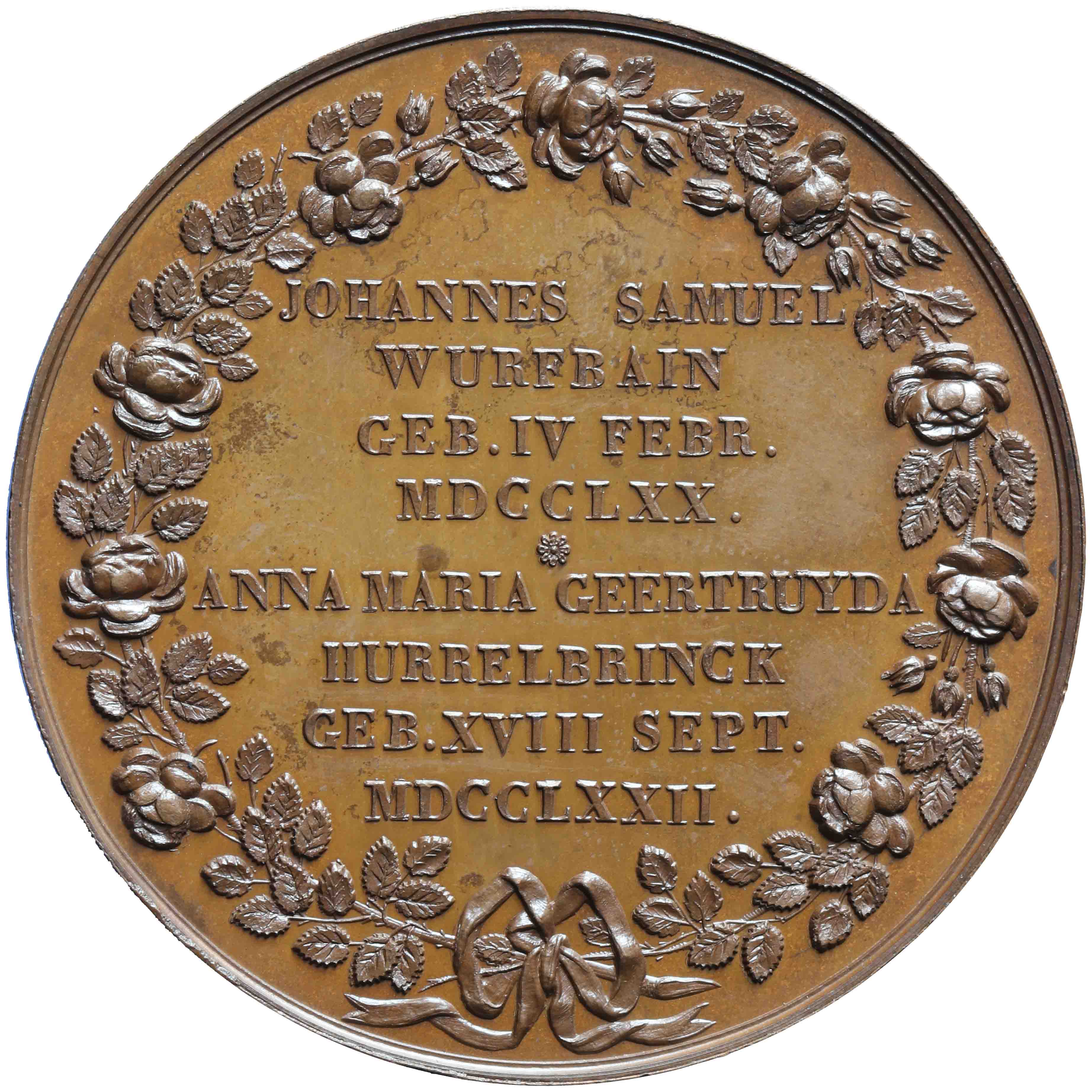 Afbeelding van de keerzijde. Vijftigjarig huwelijk van Jacob Samuel Wurfbain en Anna Maria Geertruida Hurrelbrinck. Inventarisnummer:PE-09450