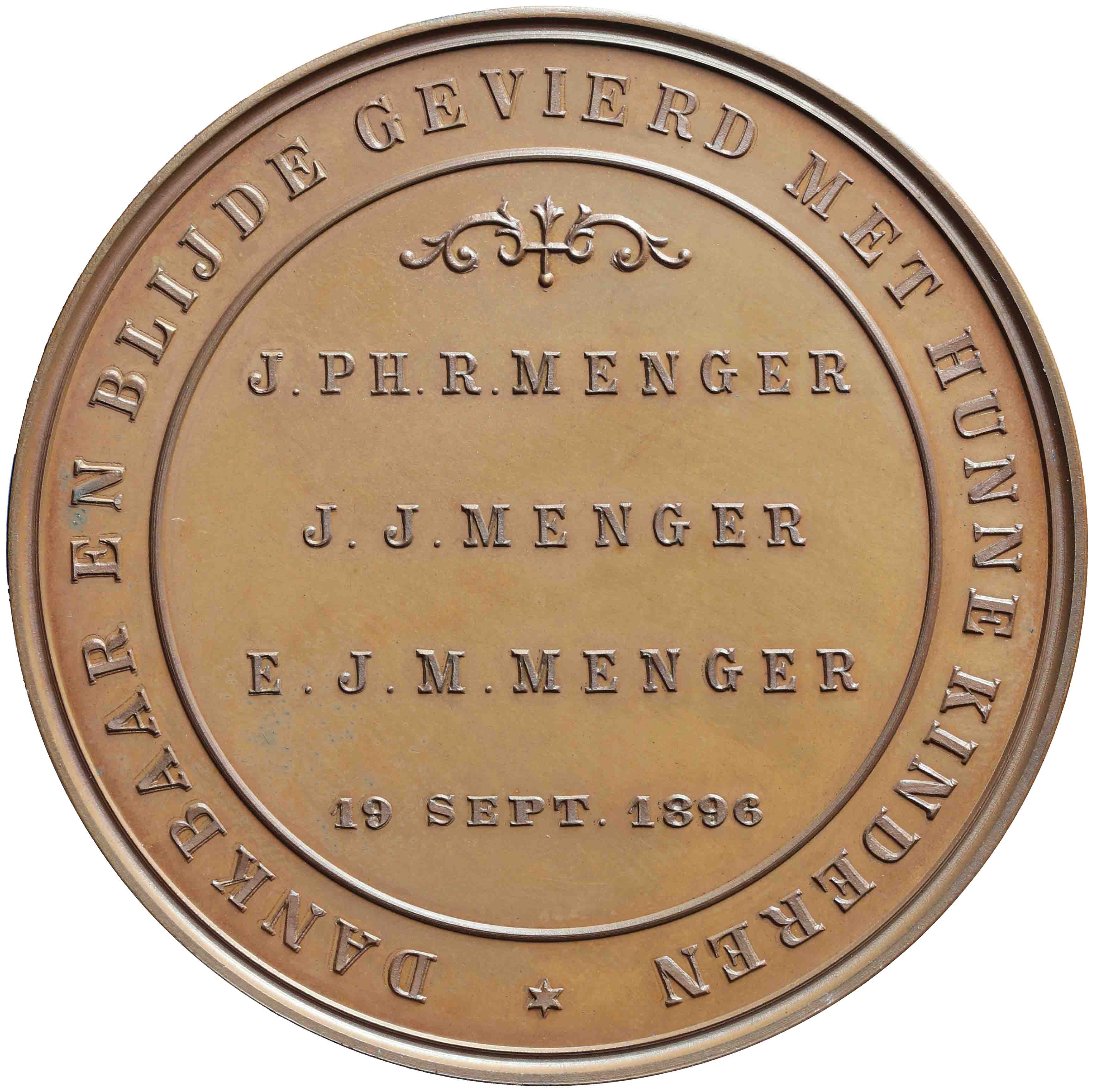 Afbeelding van de keerzijde. vijfentwintigjarig huwelijk van Johan Philip Mathias Menger, medailleur en Johanna Maria van Haagen (1848-1903). Inventarisnummer:PE-12208