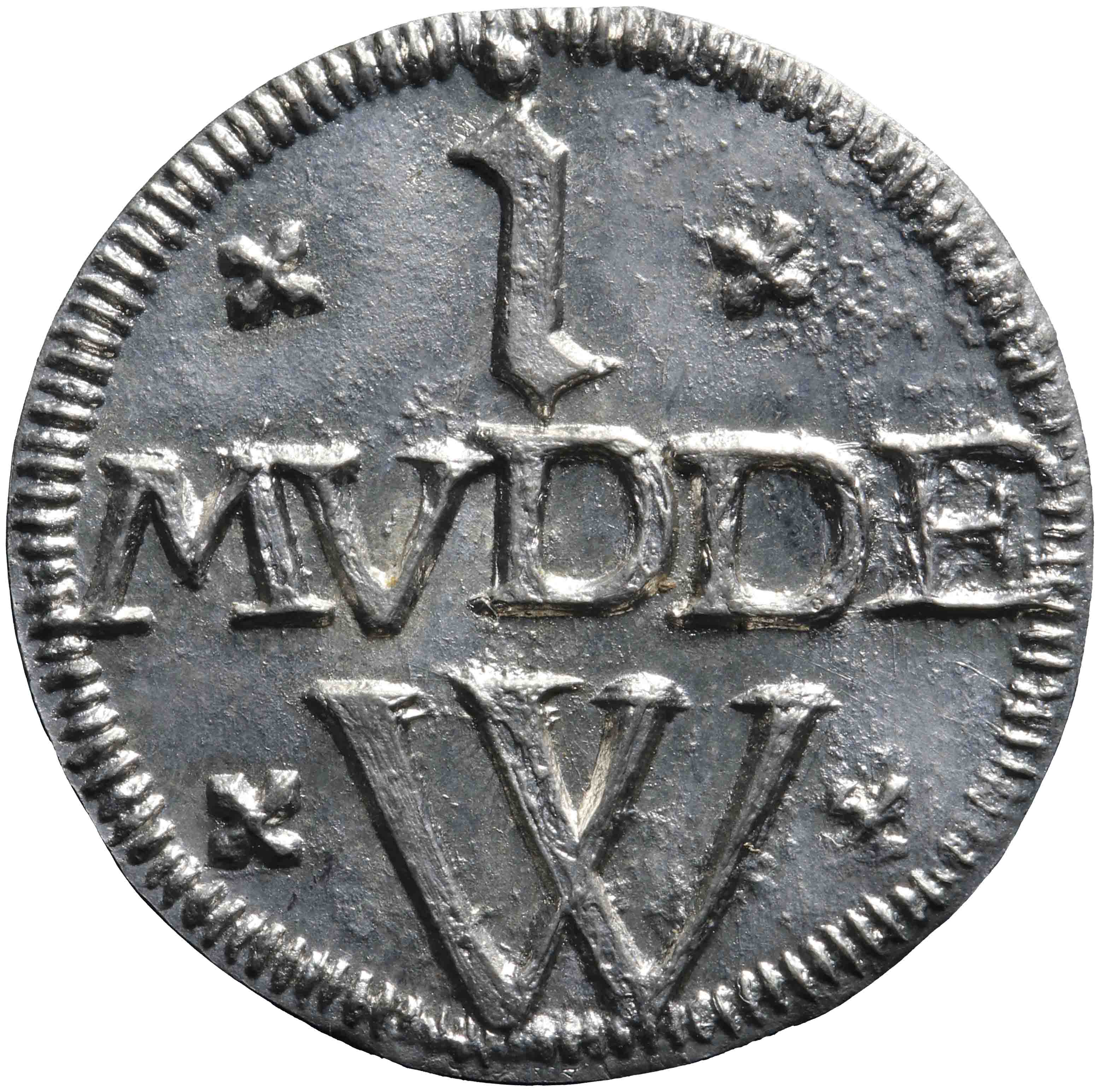 Afbeelding van de voorzijde. 1 Mudde: afdrukken van loodjes in het bezit van het Muntmuseum te Utrecht. Inventarisnummer:PE-21807