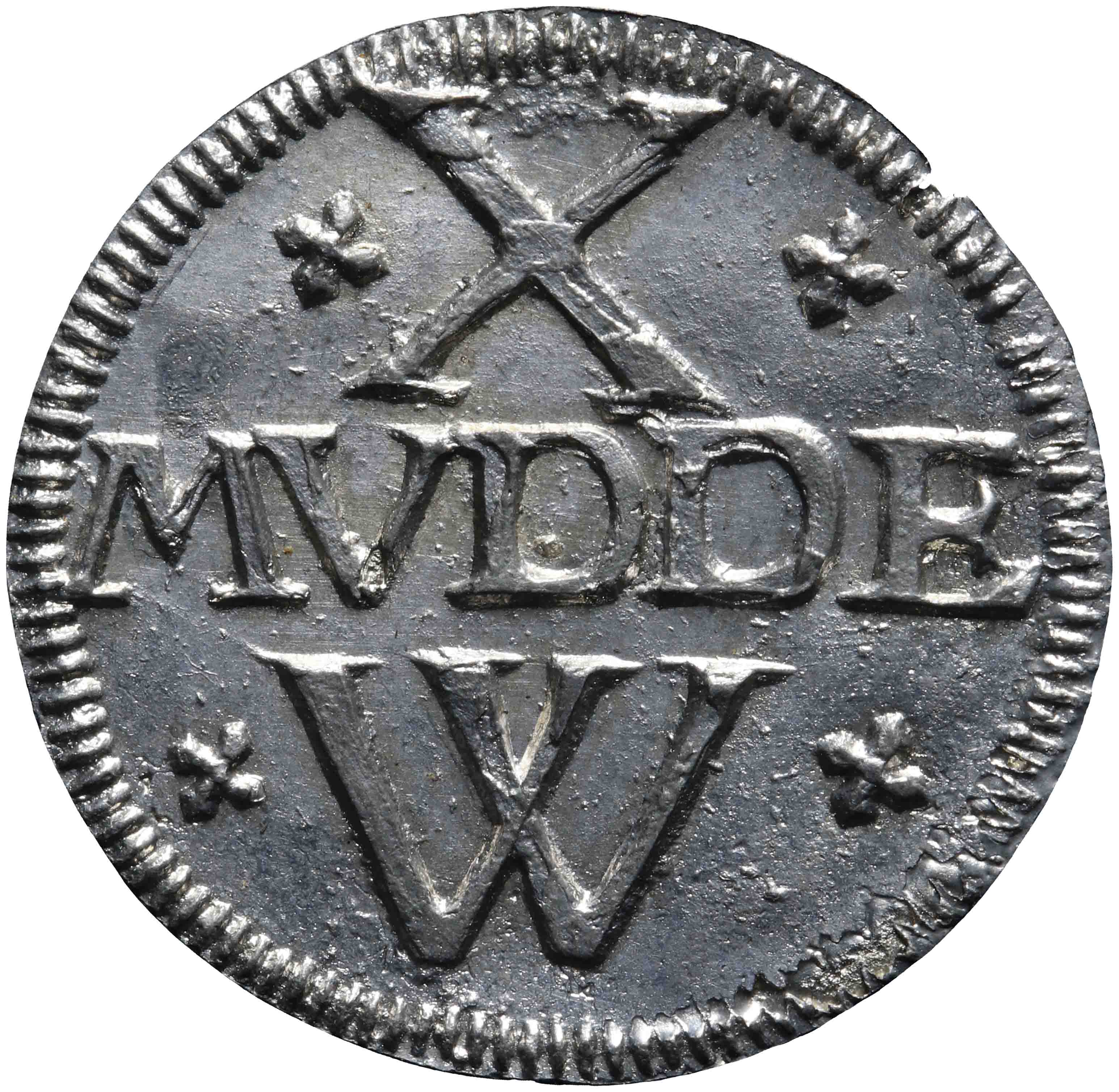 Afbeelding van de voorzijde. 10 Mudde: afdrukken van loodjes in het bezit van het Muntmuseum te Utrecht. Inventarisnummer:PE-23226