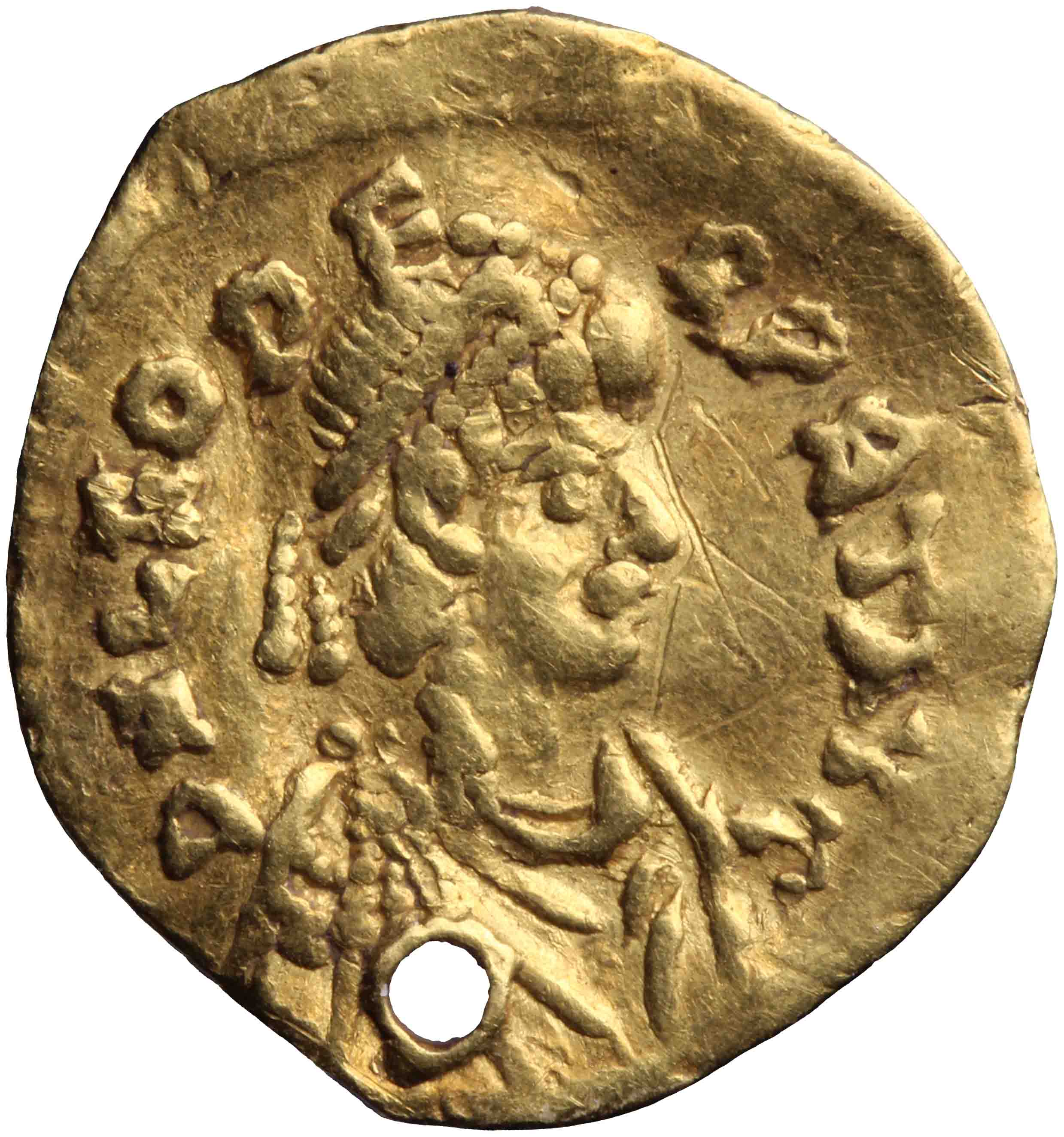 Afbeelding van de voorzijde. tremissis. Inventarisnummer:RO-13025