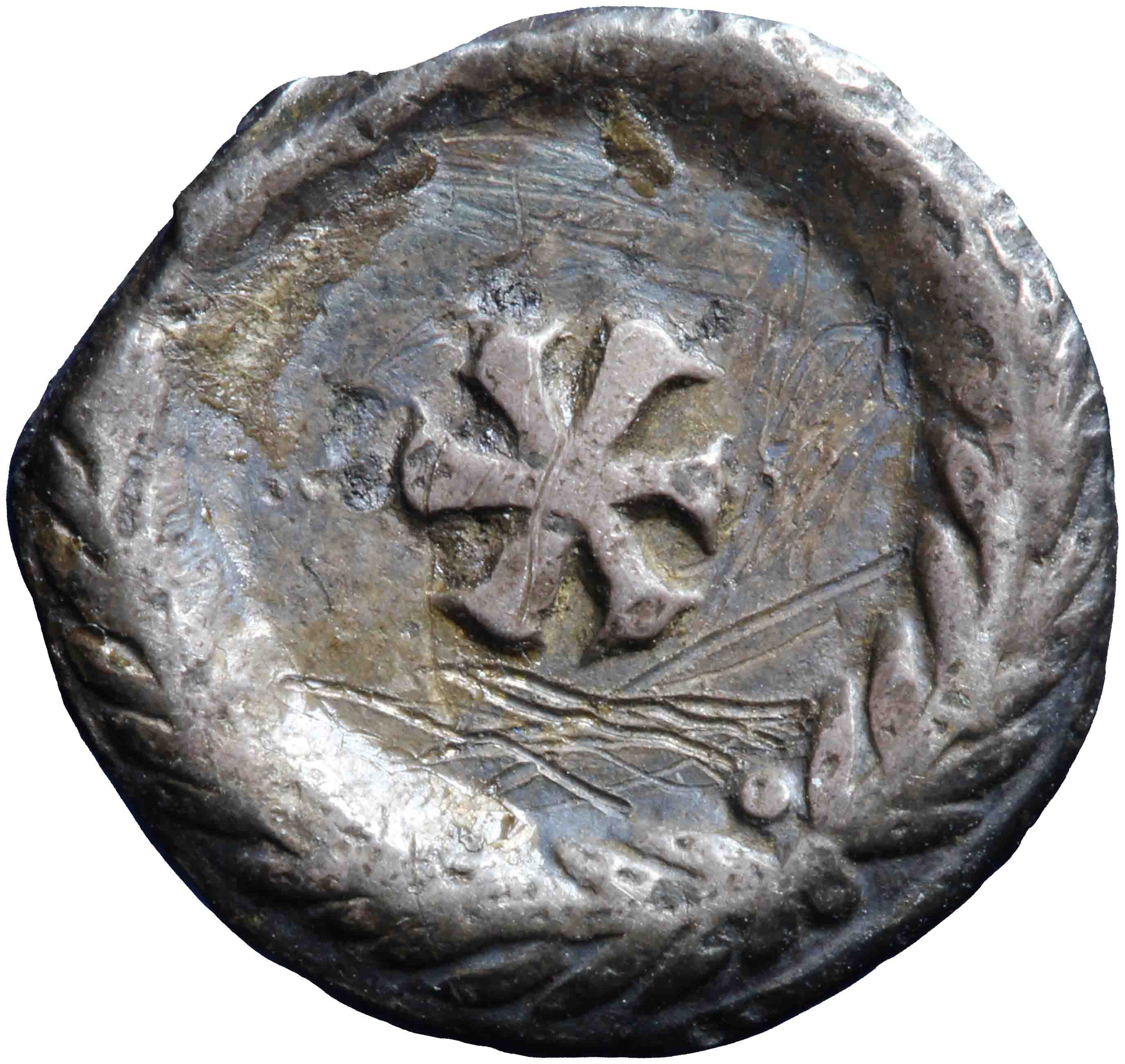 Afbeelding van de keerzijde. 1/2 siliqua (halve siliqua). Inventarisnummer:RO-13066