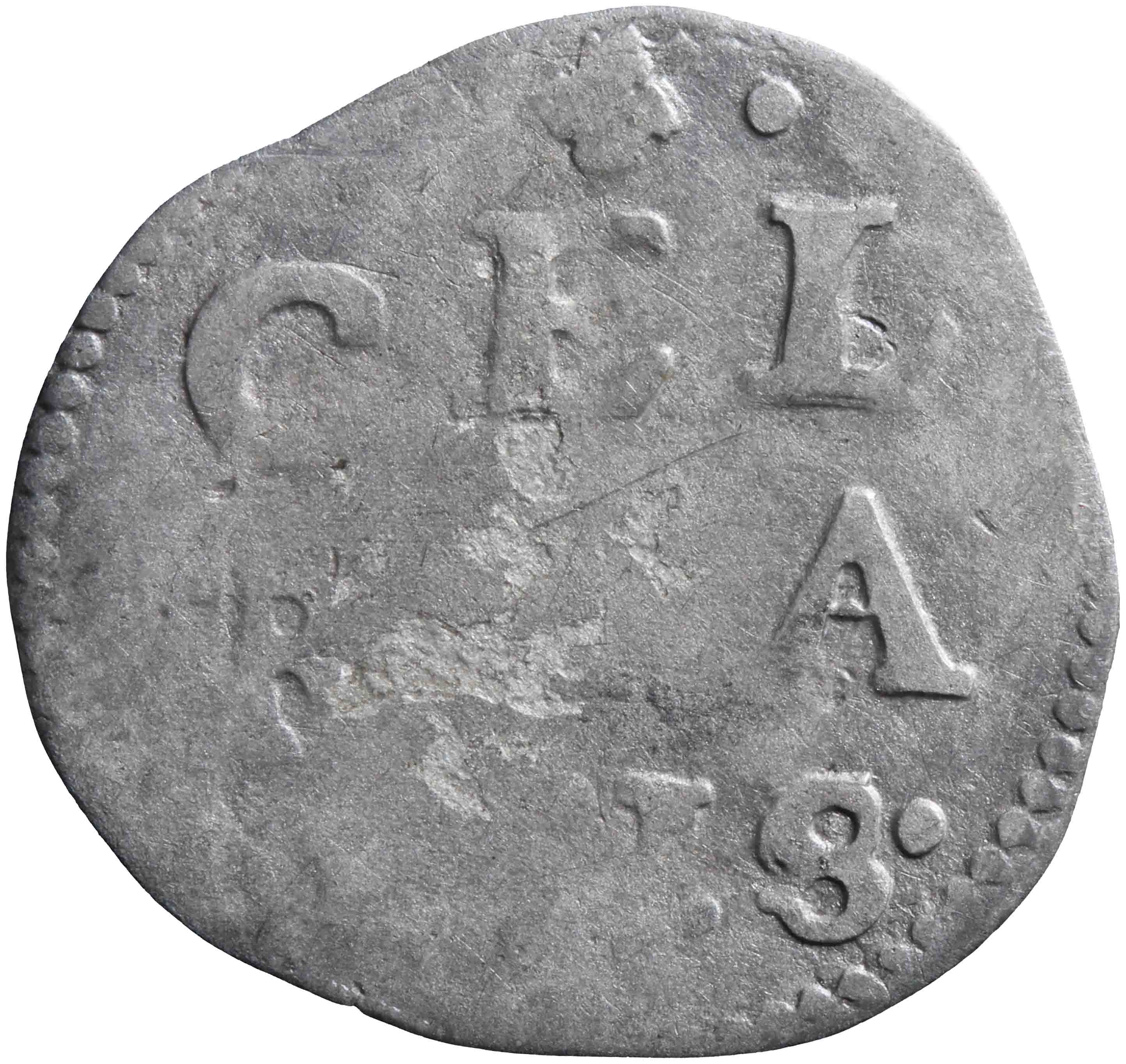 Afbeelding van de keerzijde. dubbele stuiver. Inventarisnummer:VO-00227