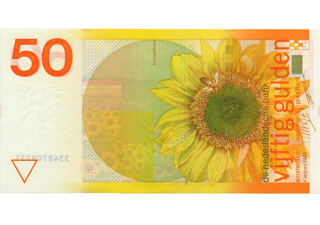 The 50-guilder “Sunflower” note. A favourite among the public, especially younger generations. A 1985 poll revealed that many considered the Sunflower the most beautiful Dutch banknote ever issued. 