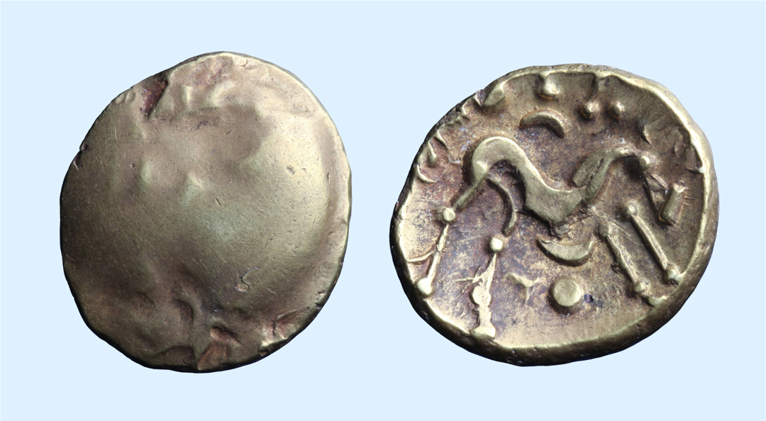 Gold coin of the Ambiani (c. 58-55 BCE) Likely minted to fund resistance against Caesar. The obverse is blank – possibly to speed up production during wartime. The reverse shows a stylised horse facing right. 